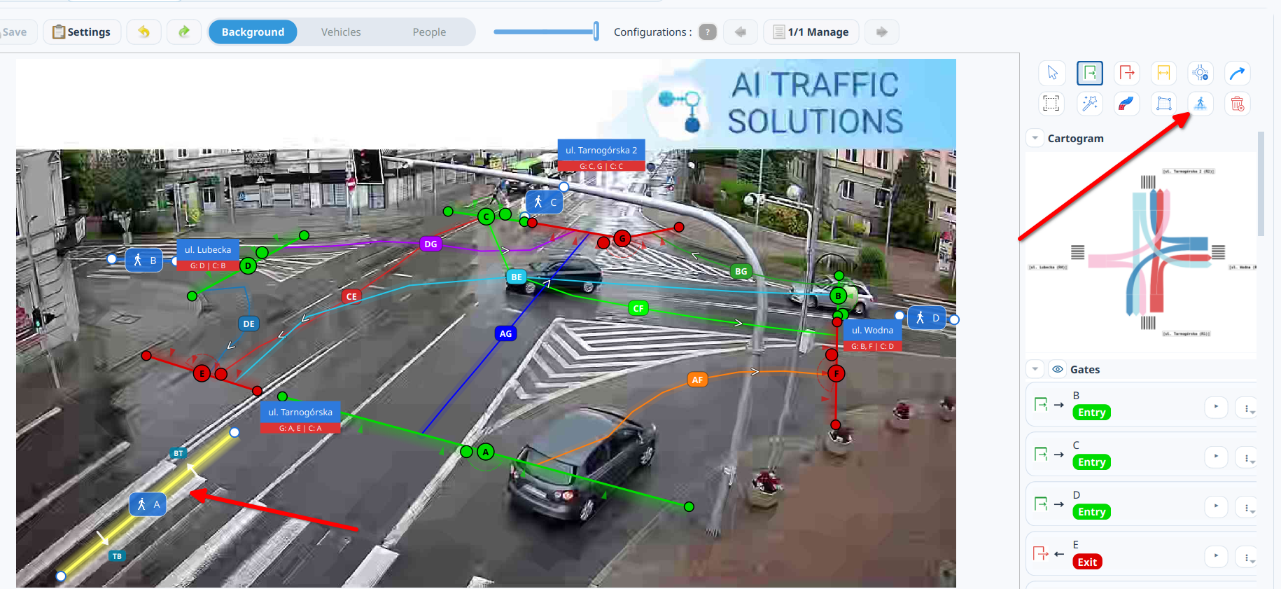 AITracker editor with the pedestrian crossing tool selected