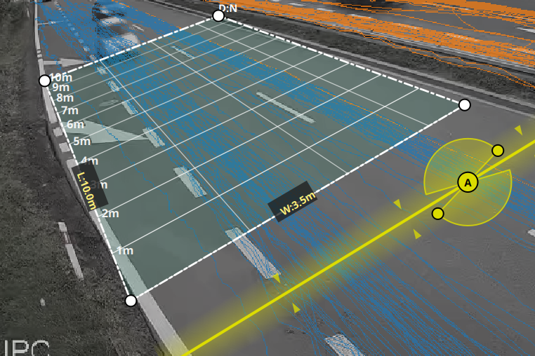Four-point distance zone with scale in meters and vehicle trajectories