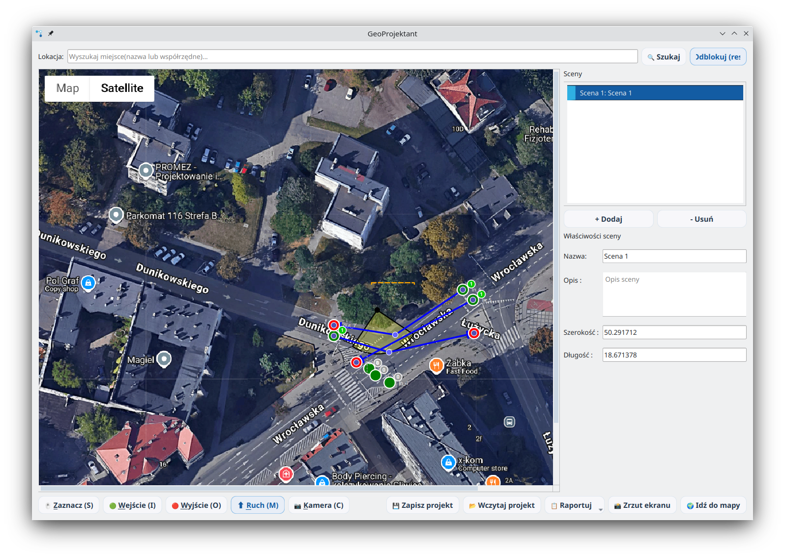 GeoDesigner AITracker with camera, gateways and reports on a satellite map